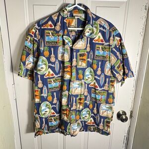 Vintage Hawaii Station Aloha Shirt XL Blue Made in Hawaii Cotton Surfing Ukulele
